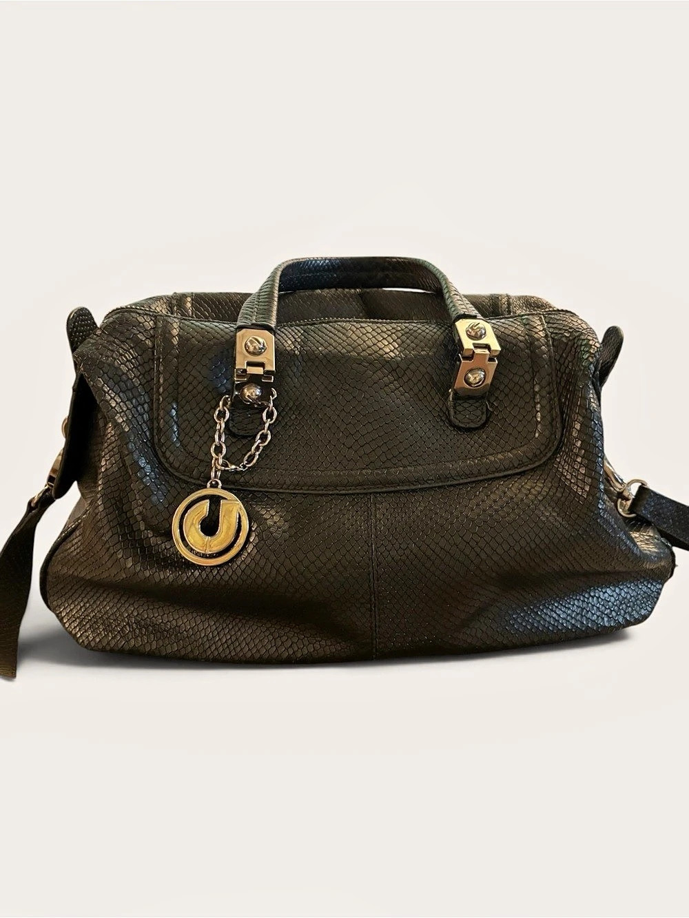 Charles Jourdan Black Snakeskin Embossed Bowler Bag | Y2K Designer